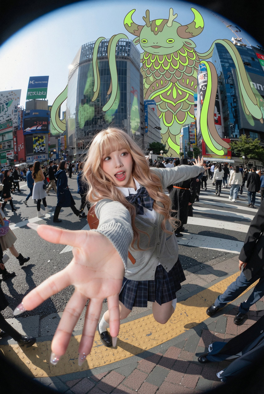 City skyline with illustrated creature